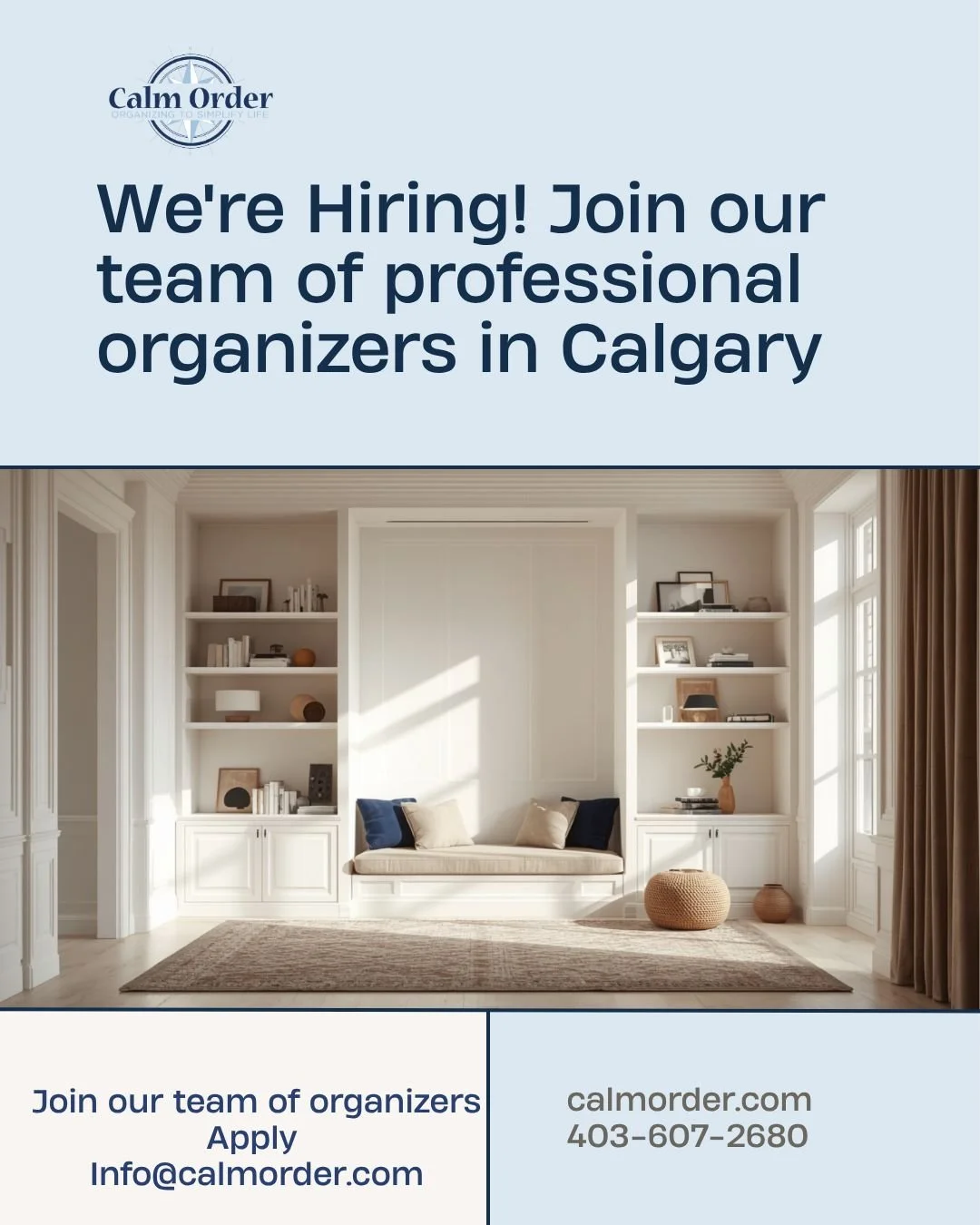 We are Hiring professional Organizers in Calgary, 
apply at info@calmorder.com
#proffessionalOrganizer #calgary #organizing #organizingjobs
