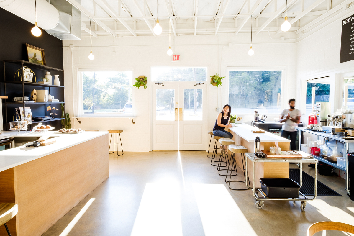 The bright clean airy space is warm and inviting, perfect for enjoying a cup of coffee at any time during the day!