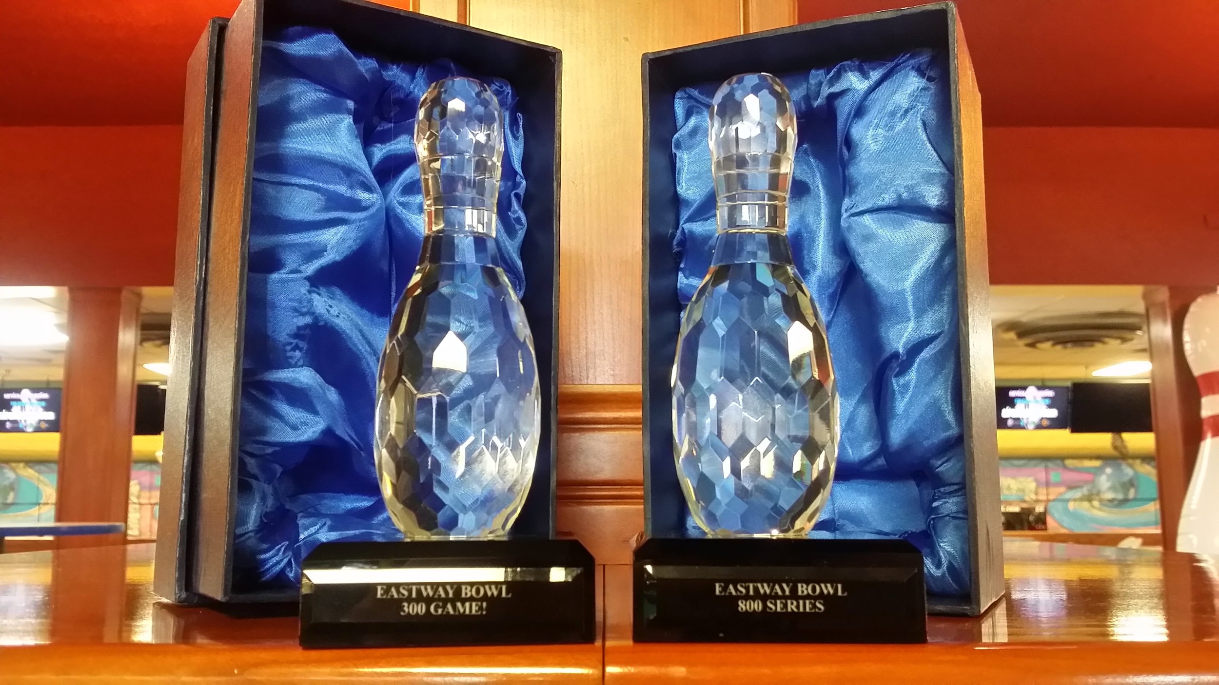 Exclusive for Eastway Bowl League Members! Shoot a 300 game or 800 series in league play and Eastway will award you with this beautiful Crystal bowling award!