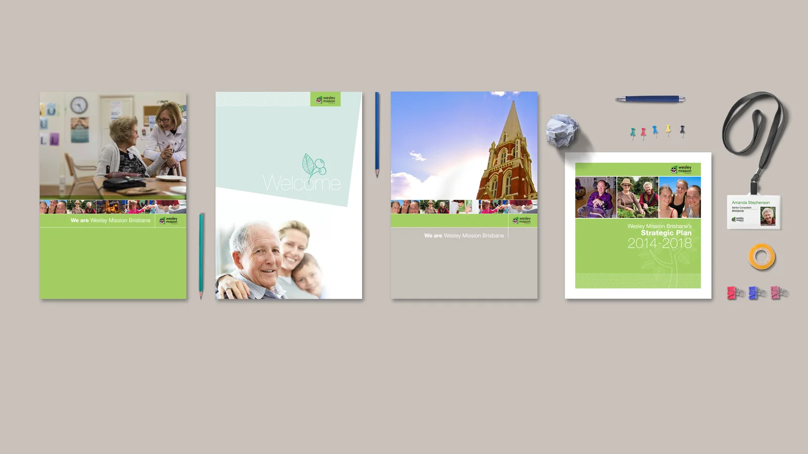 Wesley Mission Brisbane branding refresh - various print items CONCEPT: Sid Guglielmino DESIGN: Sid Guglielmino