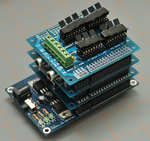 The original Propeller Platform, with a battery module, audio/video module, and motor driver module stacked together.