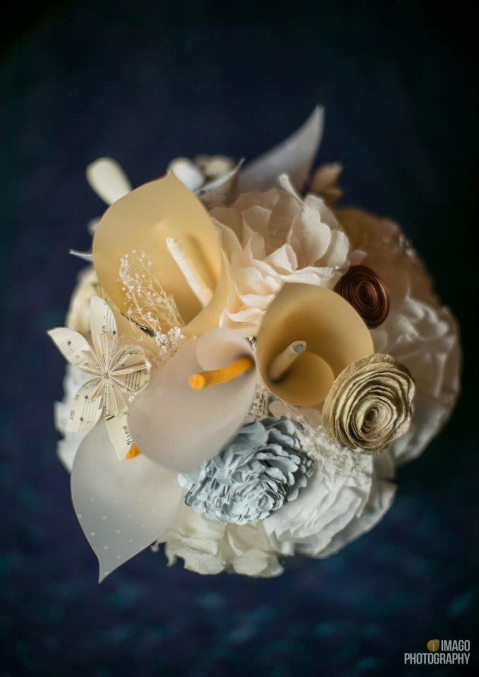 Paper Bouquet // The Paper Pimpernel // The Faux Reception at The Mill Event Hall of Chattanooga, Tennessee // Wed on Canvas Wedding Artist Ben Keys // Wedding Painting // Photo courtesy of Imago Photography 