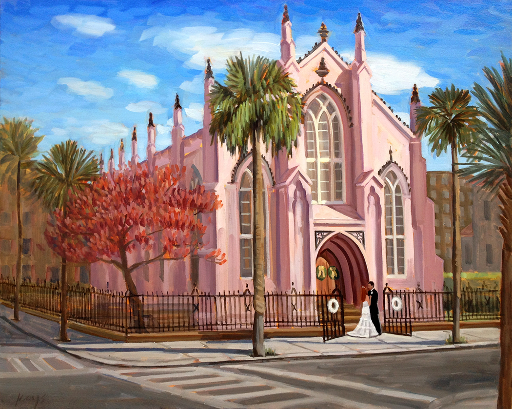 Live wedding painter, Ben Keys, captures Bride and Groom's first look outside Charleston's French Huguenot Church.