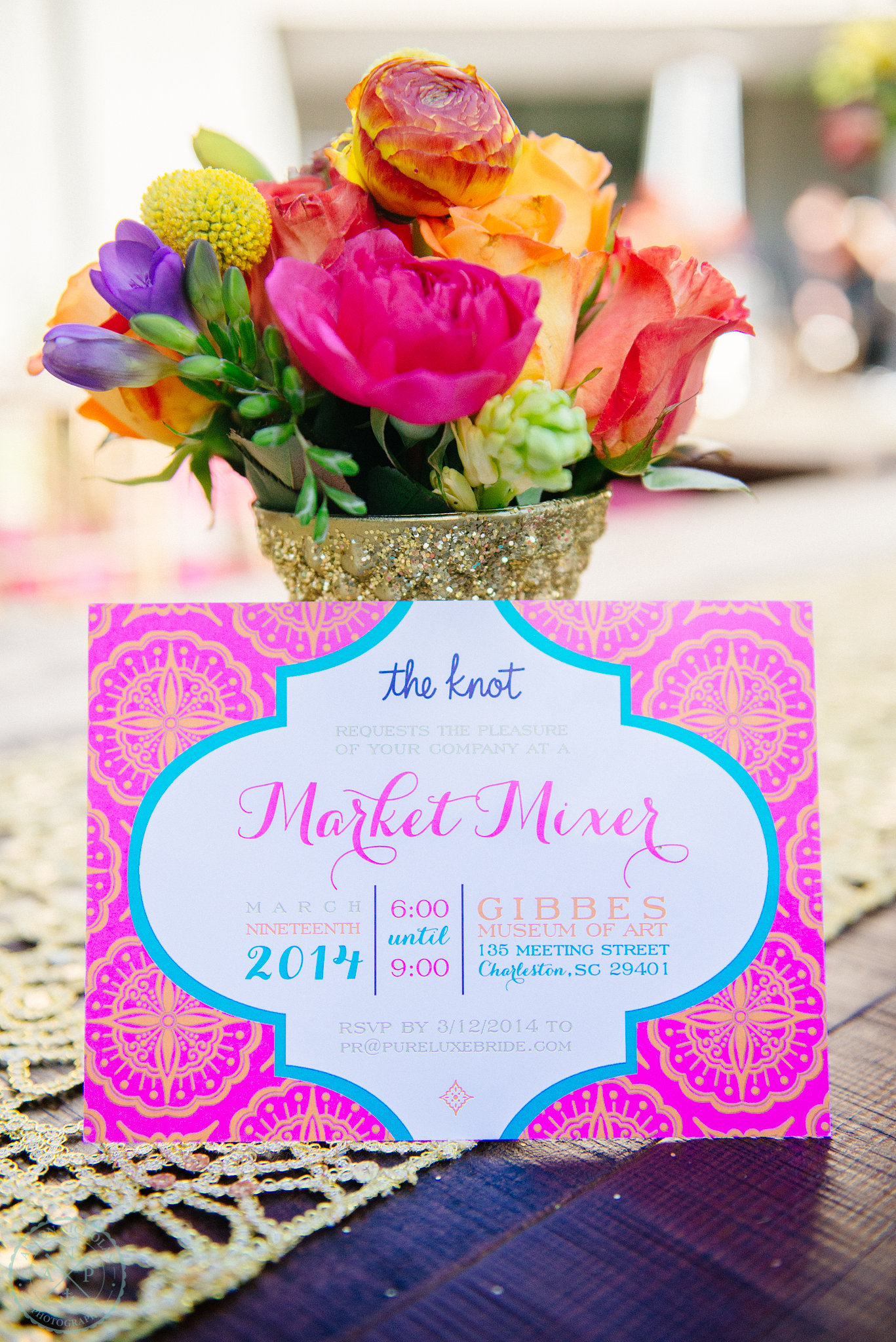 the-knot-Moroccan-inspiration-gold-wedding-vase-fuchsia-orange-turquoise