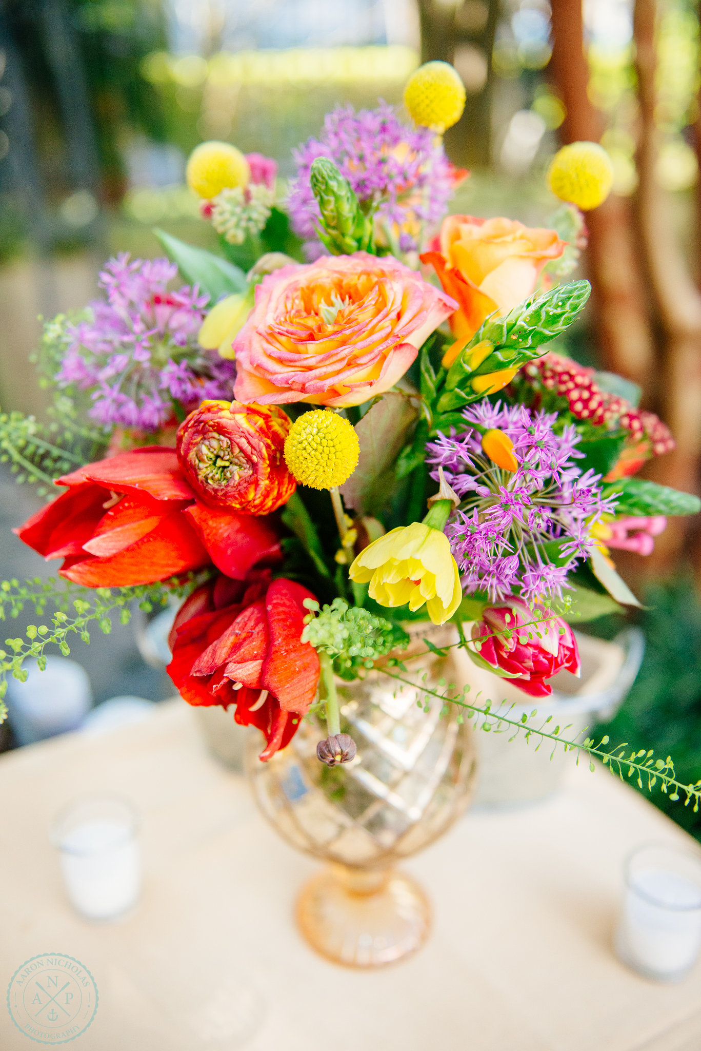 wildflowers-charleston-tulips-fuchsia-orange-pink-flowers-yellow-pom-poms-outdoor-garden-reception