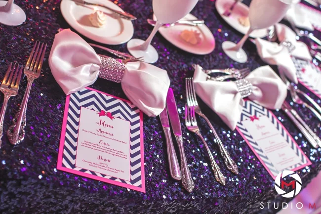 glitter-table-linens-bow-napkins-chevron-menu-white-stemware-south-florida-bat-mitzvah
