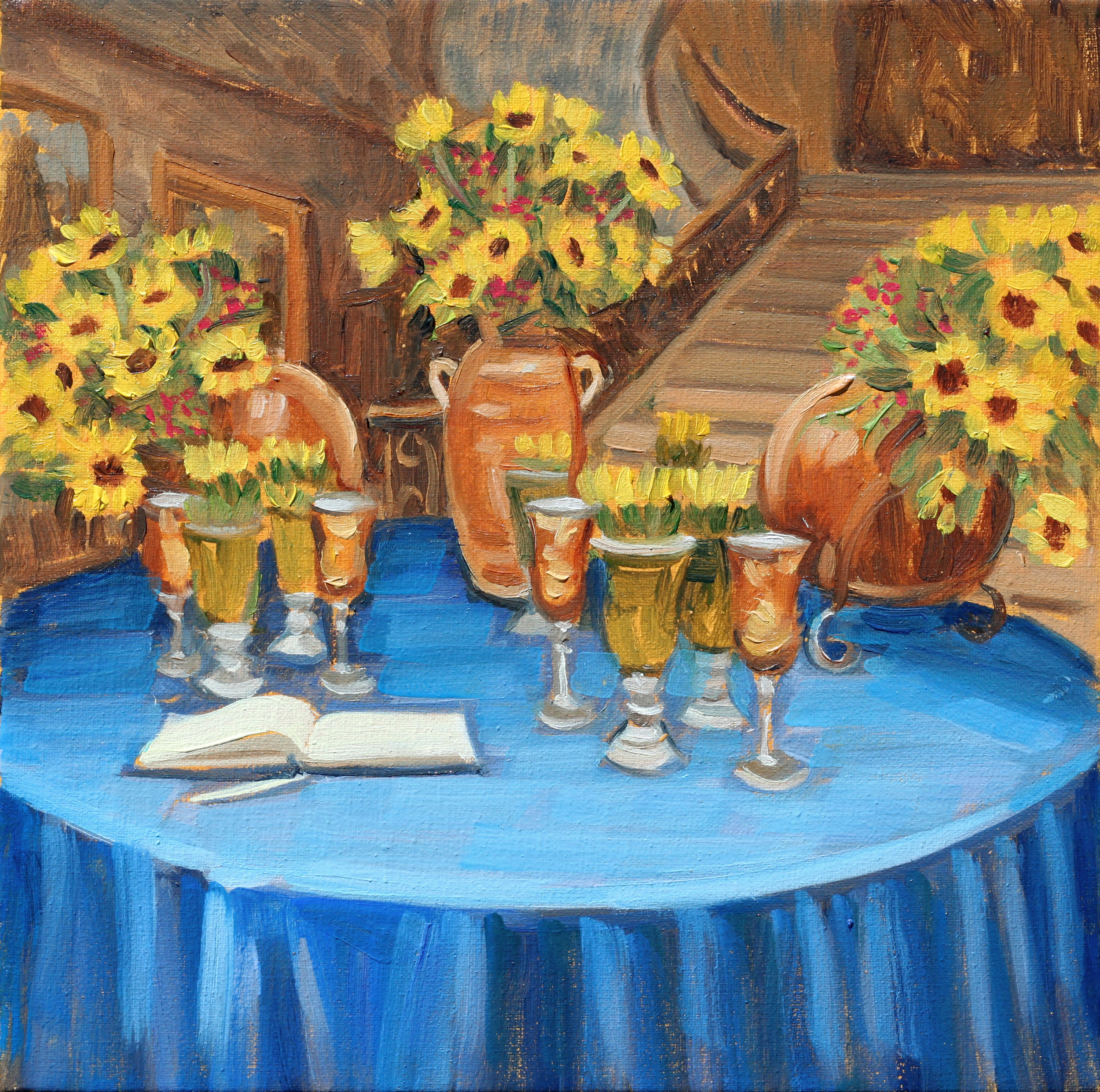 wedding-guest-table-sunflowers-painted-wedding-gift-artist-ben-keys-wed-on-canvas