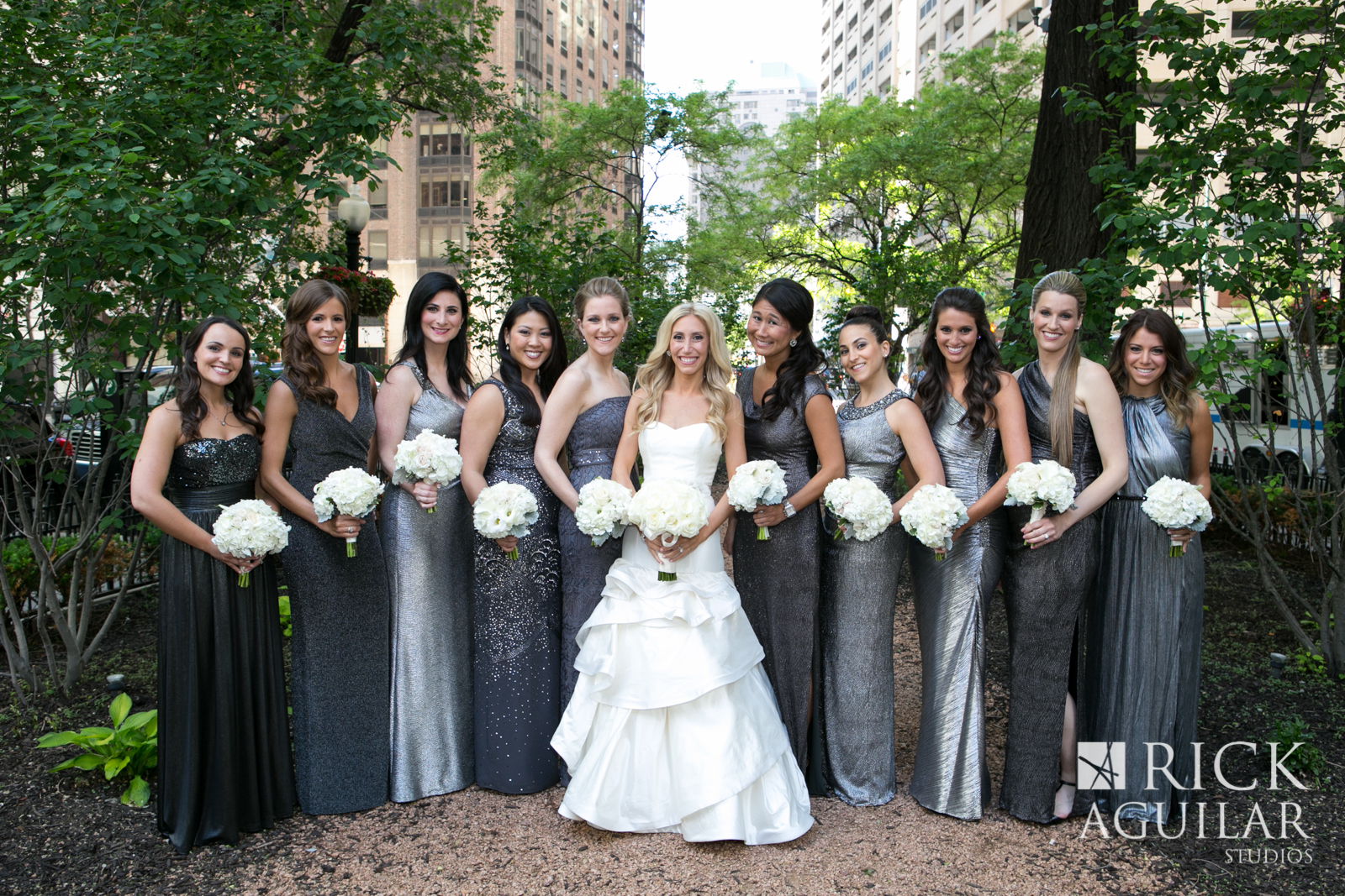 chicago-bridesmaids-wearing-glitter-gowns-modern-wedding-artist-ben-keys-of-wed-on-canvas