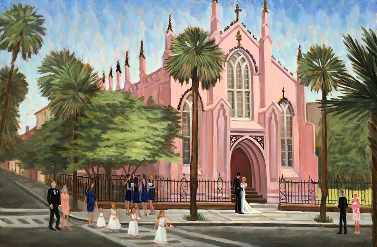 Live wedding painter captures bride and groom as they exit Charleston's French Huguenot Church after their ceremony.