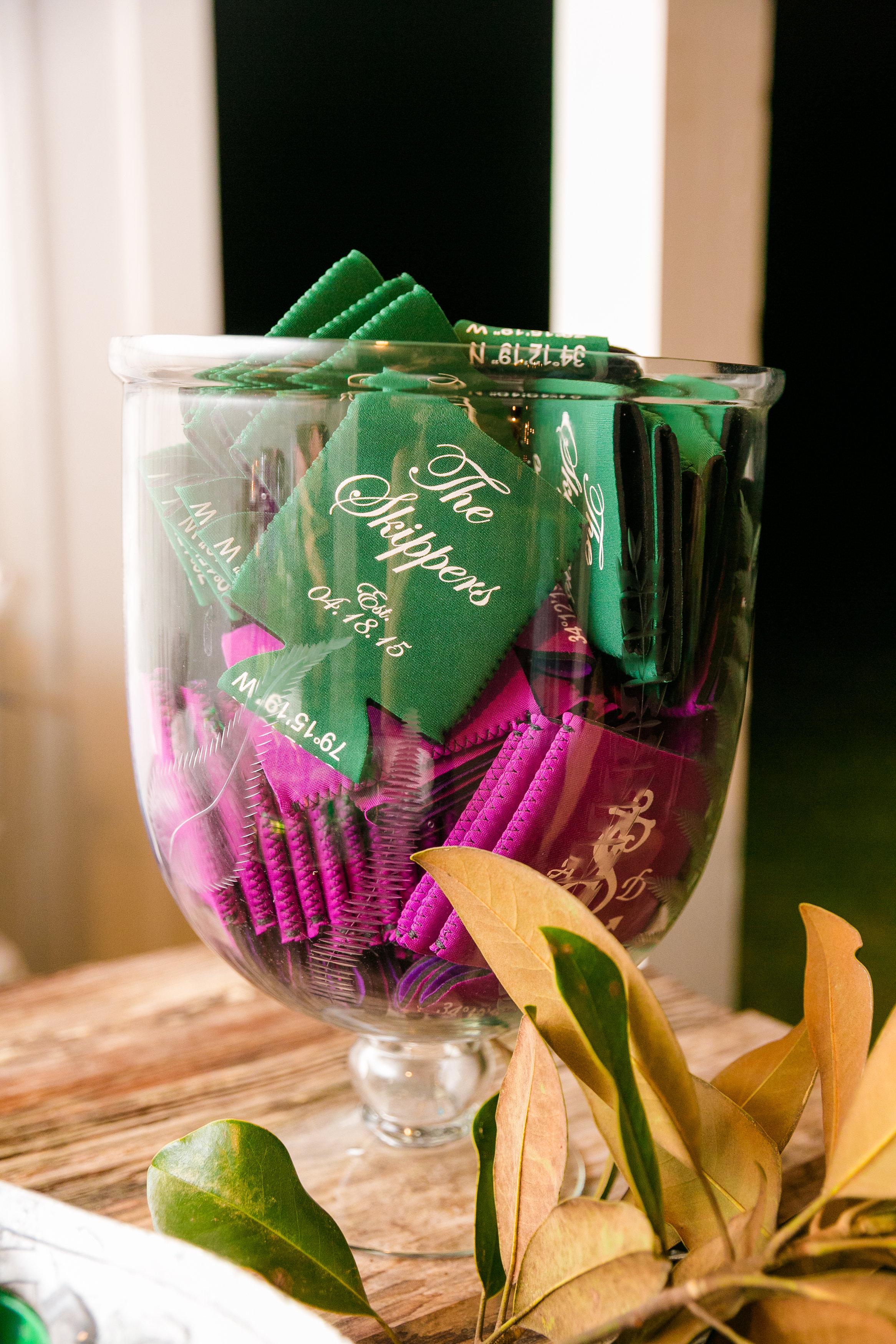 nautical-koozies-with-wedding-logo-and-longitude-latitude-guest-favors-fuchsia-and-kelly-green-wedding-colors