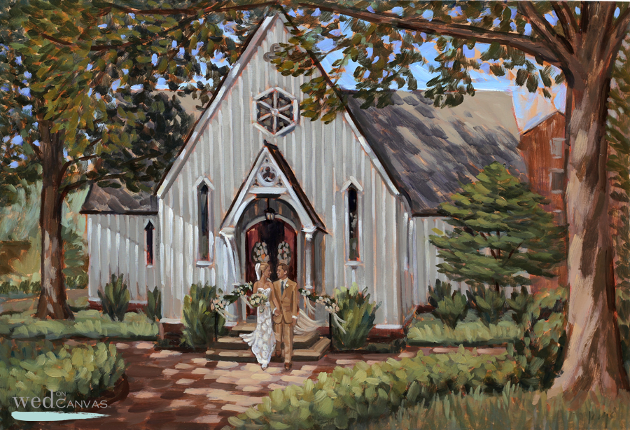 Hannah & Evan captured by live wedding painter, Ben Keys, as they exited Saint Mary's Chapel.