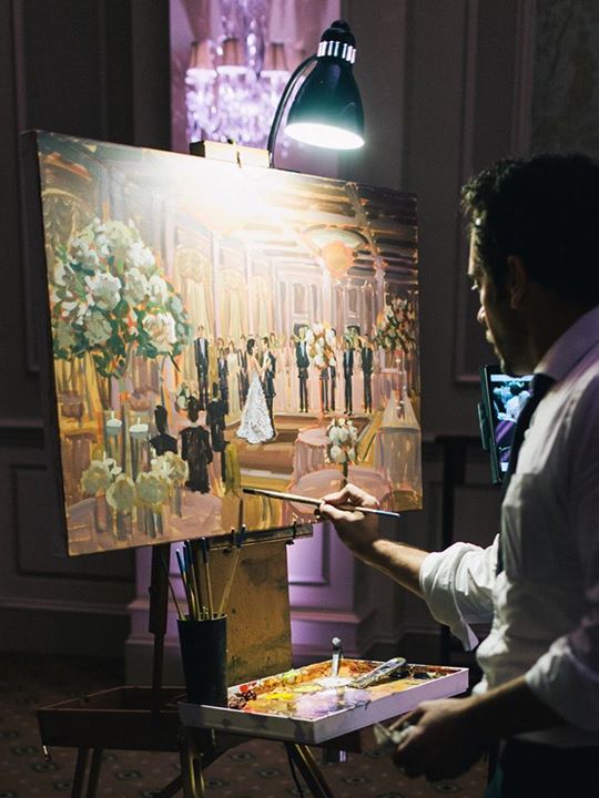 Ben Keys, wedding artist of Wed on Canvas, painting live during Maggie + Glenn's first dance.