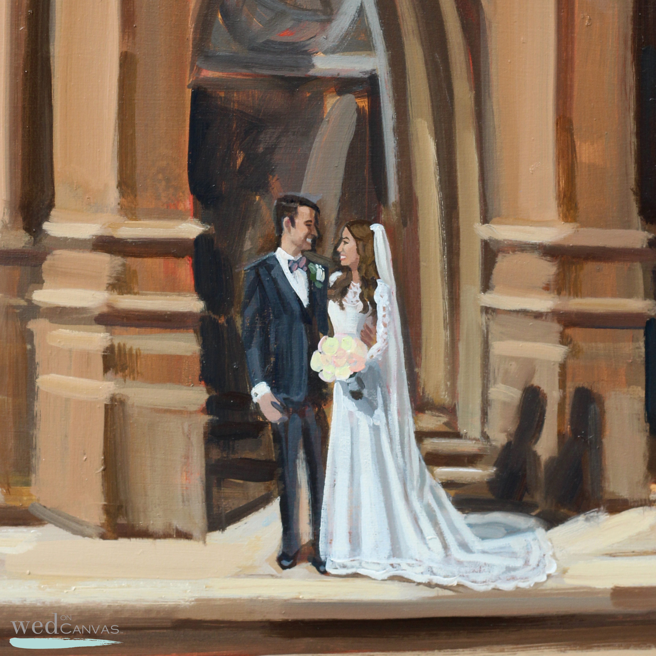 Close up of Erin + Jordan's live wedding painting at Charleston's Cathedral of St. John the Baptist.