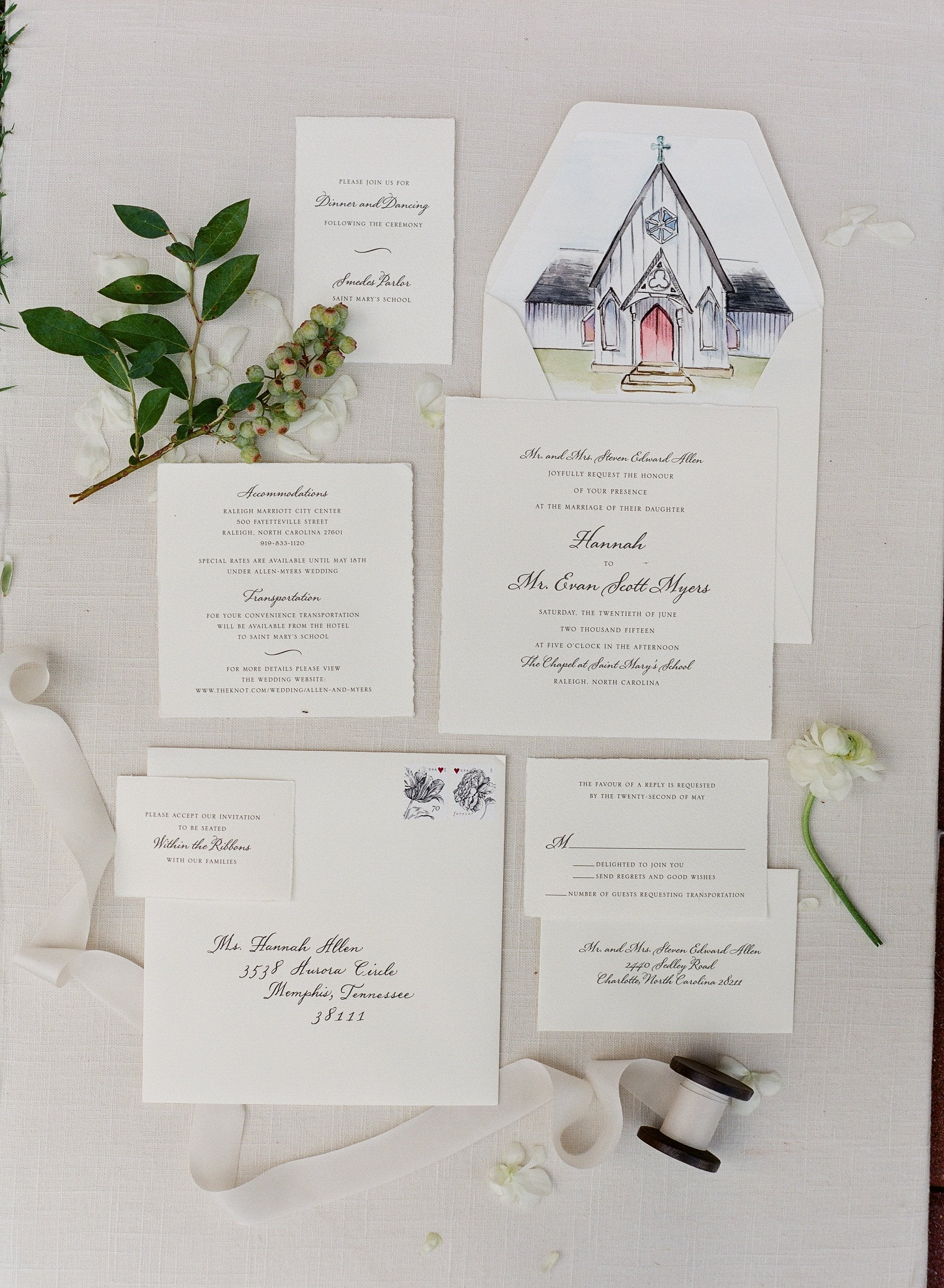 Hannah designed the sketch featured on her wedding invitation suite of Saint Mary's Chapel. 