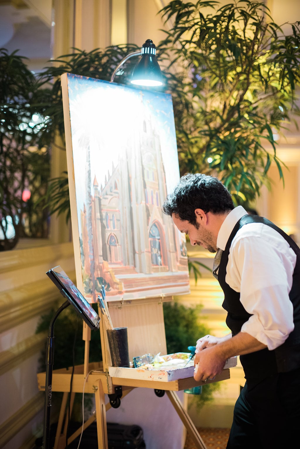Live wedding painter, Ben Keys, capturing the ceremony at Charleston's Cathedral of St. John the Baptist.