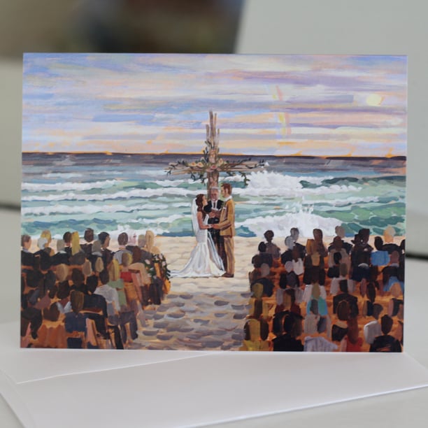 Lindsey + Doug's Alys Beach live ceremony painting featured on their custom stationery.