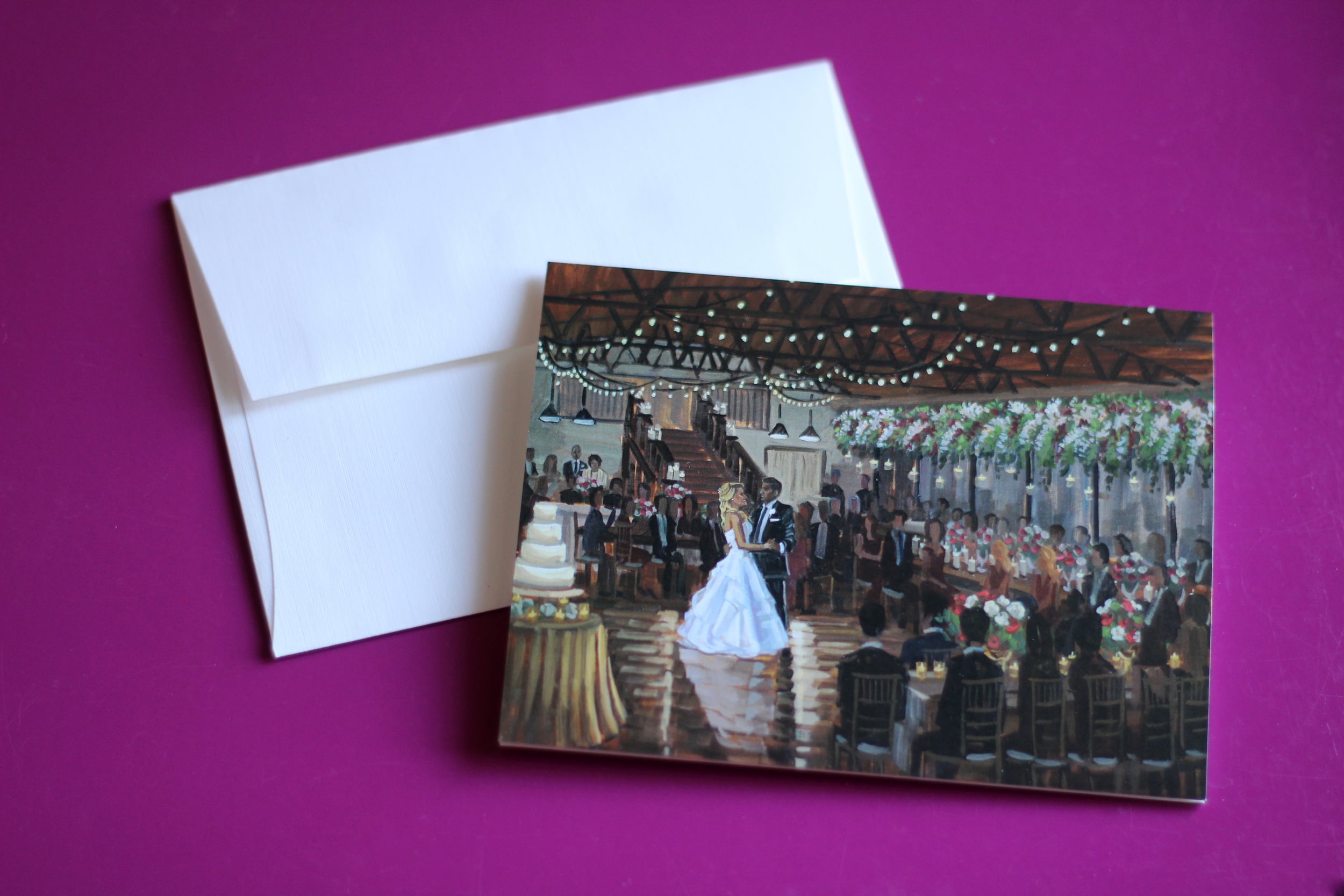 Lauren + Andrew's stationery featuring their live wedding painting at Atlanta's Summerour Studio.