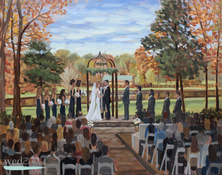 Ceremony at Morning Glory Farm in Monroe, NC captured in this live wedding painting.