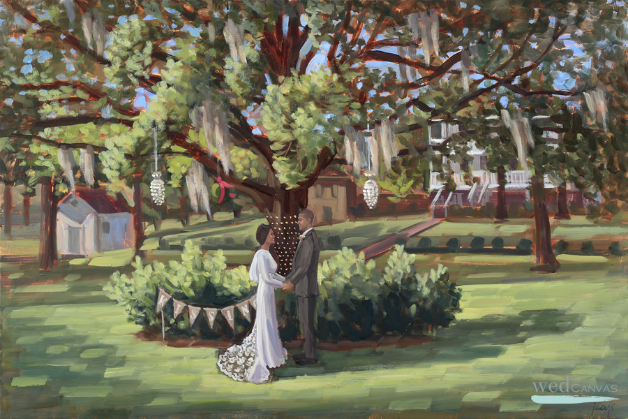 Brookes and Donnie's first look captured by live wedding painter, Ben Keys of Wed on Canvas.