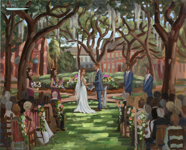Julie + Brad's live wedding painting created during their ceremony held at Savannah's Pulaski Square.
