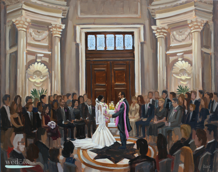 Renuka + Erik's wedding ceremony at Carnegie Institute for Science captured by live wedding painter, Ben Keys of Wed on Canvas.