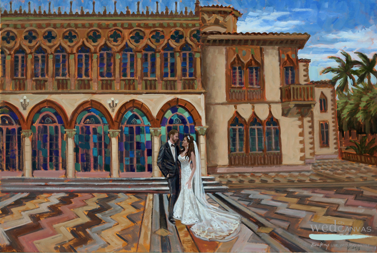 Live wedding painter, Ben Keys, of Wed on Canvas captured a First Look moment at Sarasota's Ringling Brothers' Ca d'Zan Mansion.
