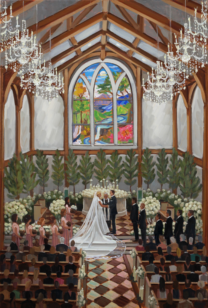 Live Wedding Artist, Ben Keys, captured Jill + Adam's gorgeous wedding day at The Greenbrier's brand new chapel.
