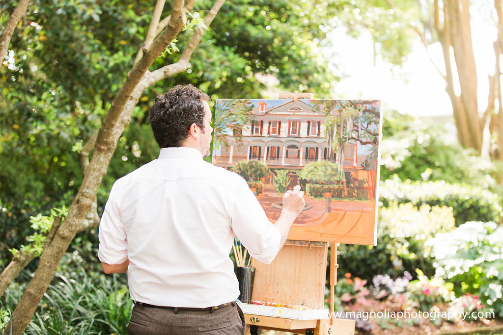 Live Wedding Painter, Ben Keys, capturing M + K's ceremony at downtown Charleston's Thomas Bennett House.