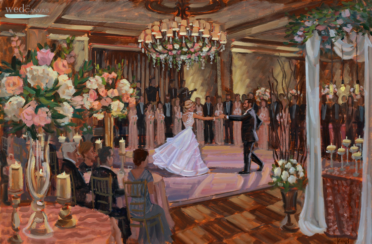 Live Wedding Painter, Ben Keys, captured Chelsea + Reid's first dance at The Westin in downtown Savannah. 