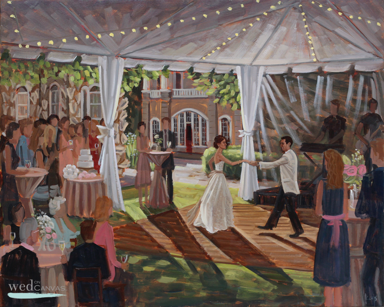 C+A's first dance was captured by live wedding painter, Ben Keys, of Wed on Canvas during their downtown Charleston reception at Ashley Hall.