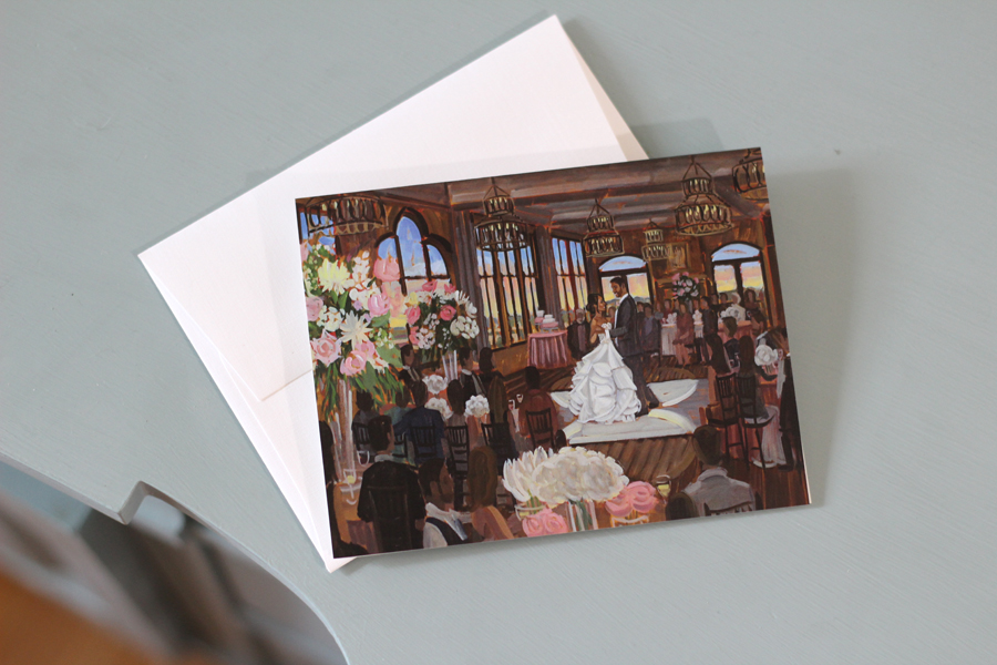 Claire + Marcus's live wedding painting looks gorgeous on our custom stationery!  Photo by Wed on Canvas