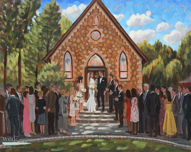 Live Wedding Painter, Ben Keys, captured K+G's grand exit after their ceremony in Warren, NJ at Our Lady of the Mount Catholic Church.