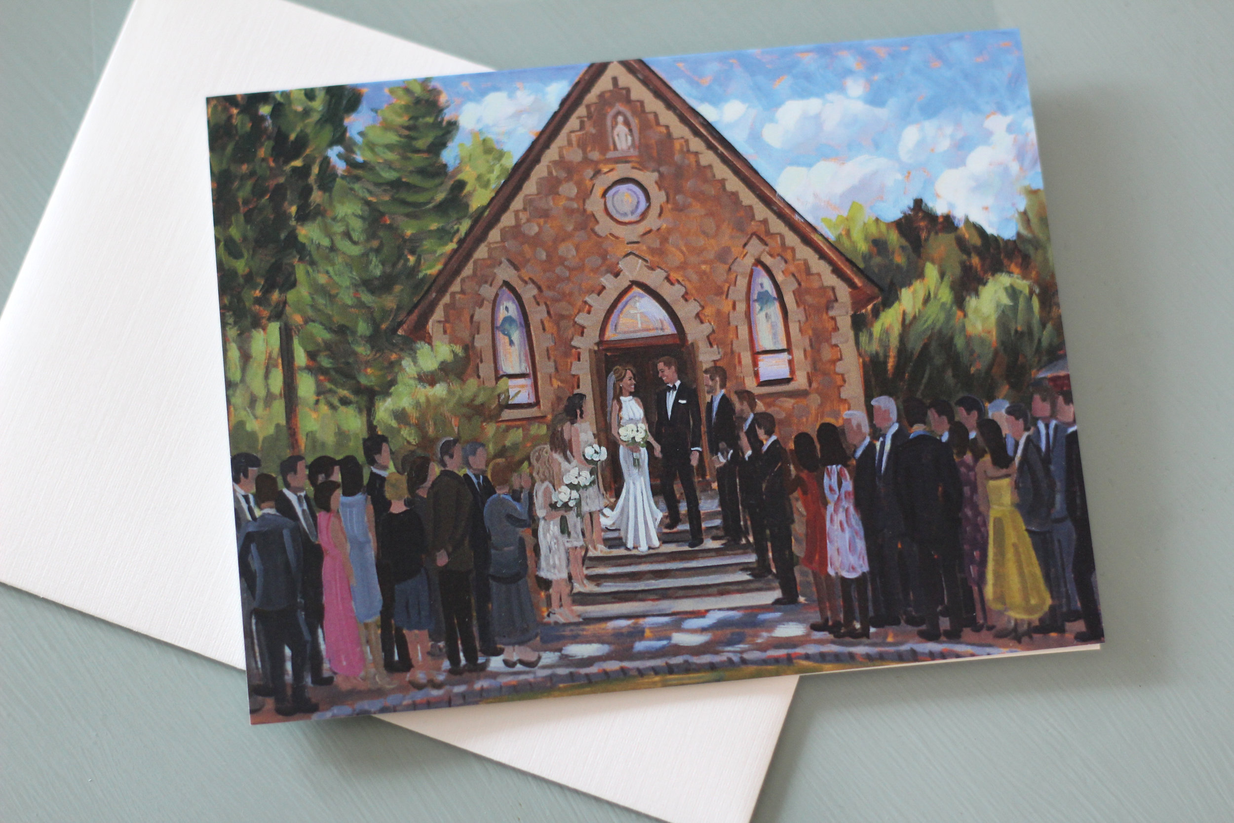 Kara + Greg's live wedding painting looks gorgeous on their set of custom stationery!  