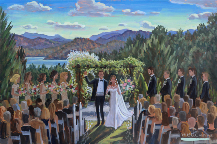 Live wedding painter, Ben Keys, captured Megan + Justin's ceremony overlooking the breathtaking mountain view from Sawyer Family Farmstead in Cashiers, NC.