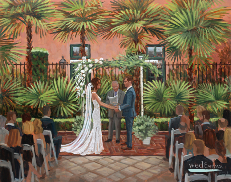 Live wedding painter, Ben Keys, captured Jen + Jack's ceremony hosted at downtown Charleston's Planter's Inn.