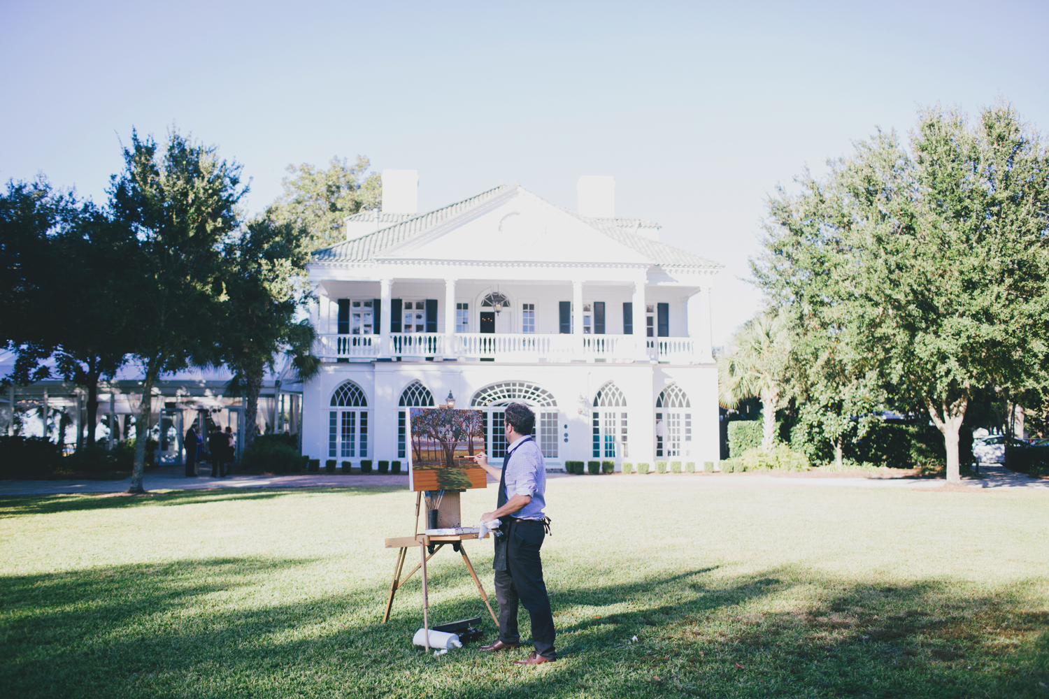 Ben Keys, Live Wedding Painter of Wed on Canvas, capturing L+J's ceremony held at Charleston's Lowndes Grove Plantation.