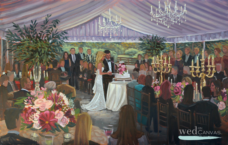 Live Wedding Painter, Ben Keys, captured Jessica + Ryan's cake cutting during their reception at the Hawkesdene House in Andrews, NC.