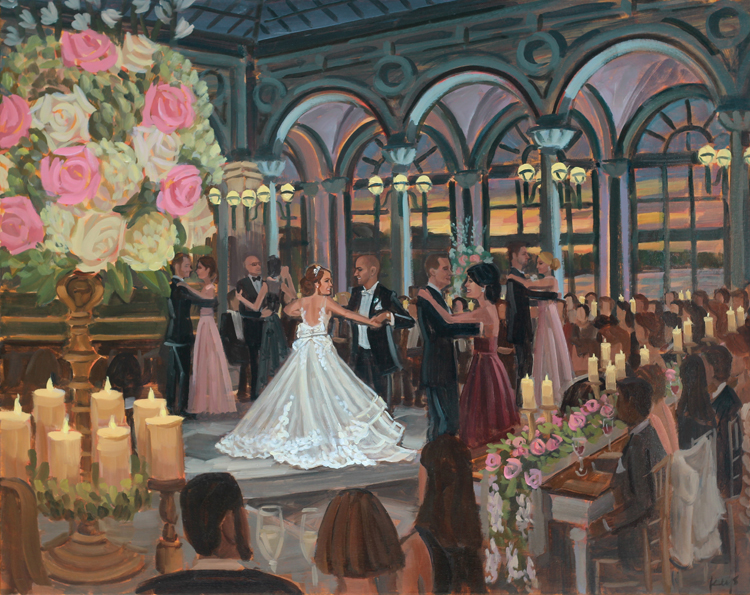 Live Wedding Painter, Ben Keys, captured Lara + Louis' waltz with their family during their reception at the Flagler Museum in Palm Beach, FL.