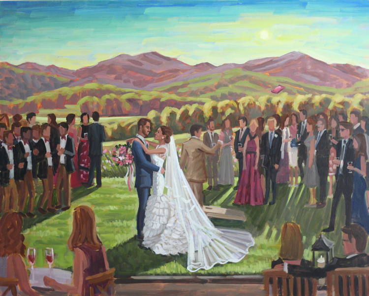 Live wedding painter, Ben Keys, captured Courtney + Ian's cocktail hour at Charlottesville's Pippin Hill overlooking the gorgeous mountain view.