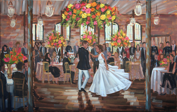 Live Wedding Painter, Ben Keys, captured M+G's first dance during their reception held at The Cigar Factory's Cedar Room.