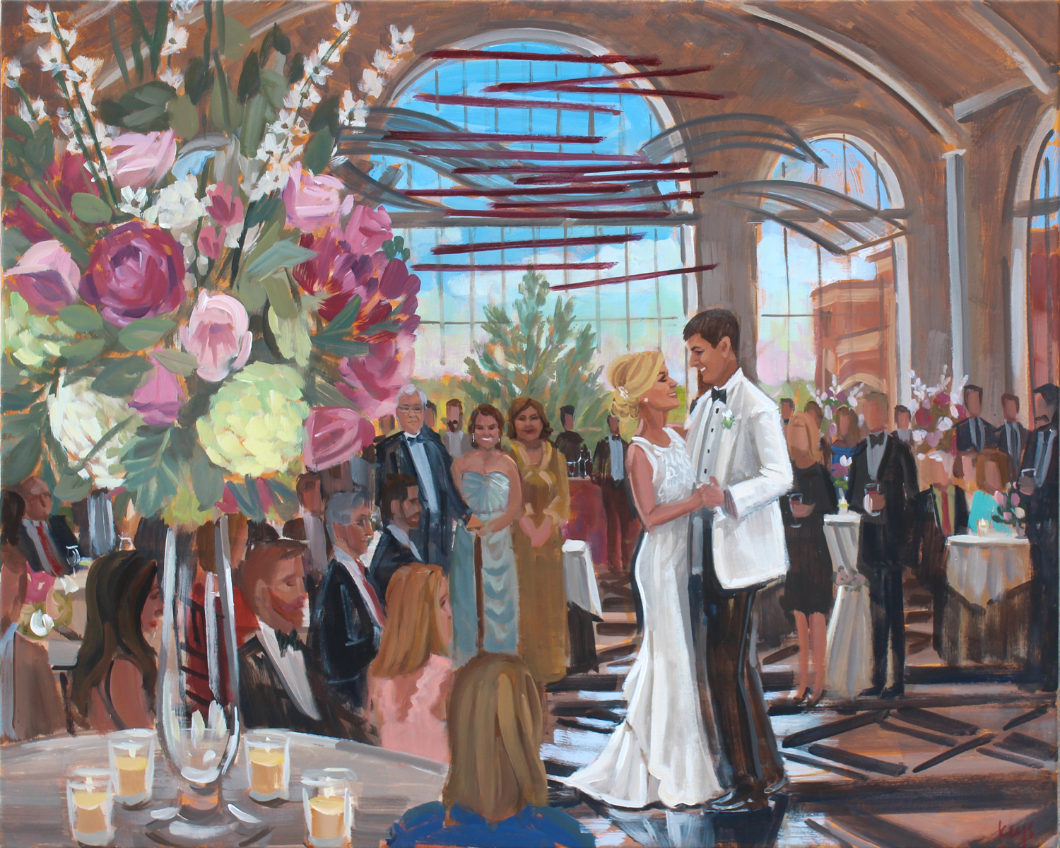 Live Wedding Painter, Ben Keys, captured Claire + Patrick's first dance at The Classic Center in Athens, Georgia.