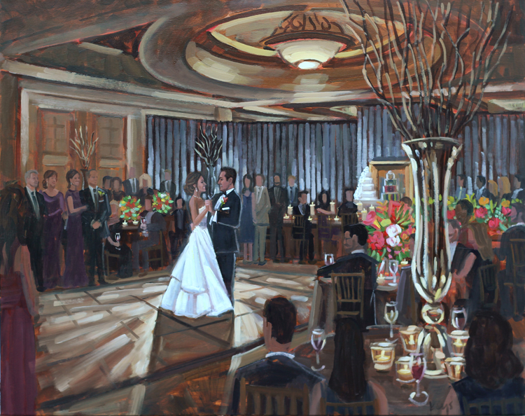 Live Wedding Painter, Ben Keys of Wed on Canvas captured Stephanie + Anthony's first dance during their reception at Atlanta's Intercontinental Hotel.  