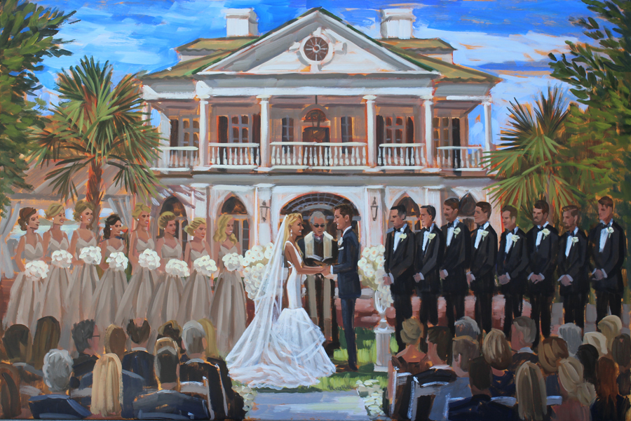 Live Wedding Painter, Ben Keys, captured Kim + Nick's southern wedding ceremony at Lowndes Grove Plantation in Charleston, SC.