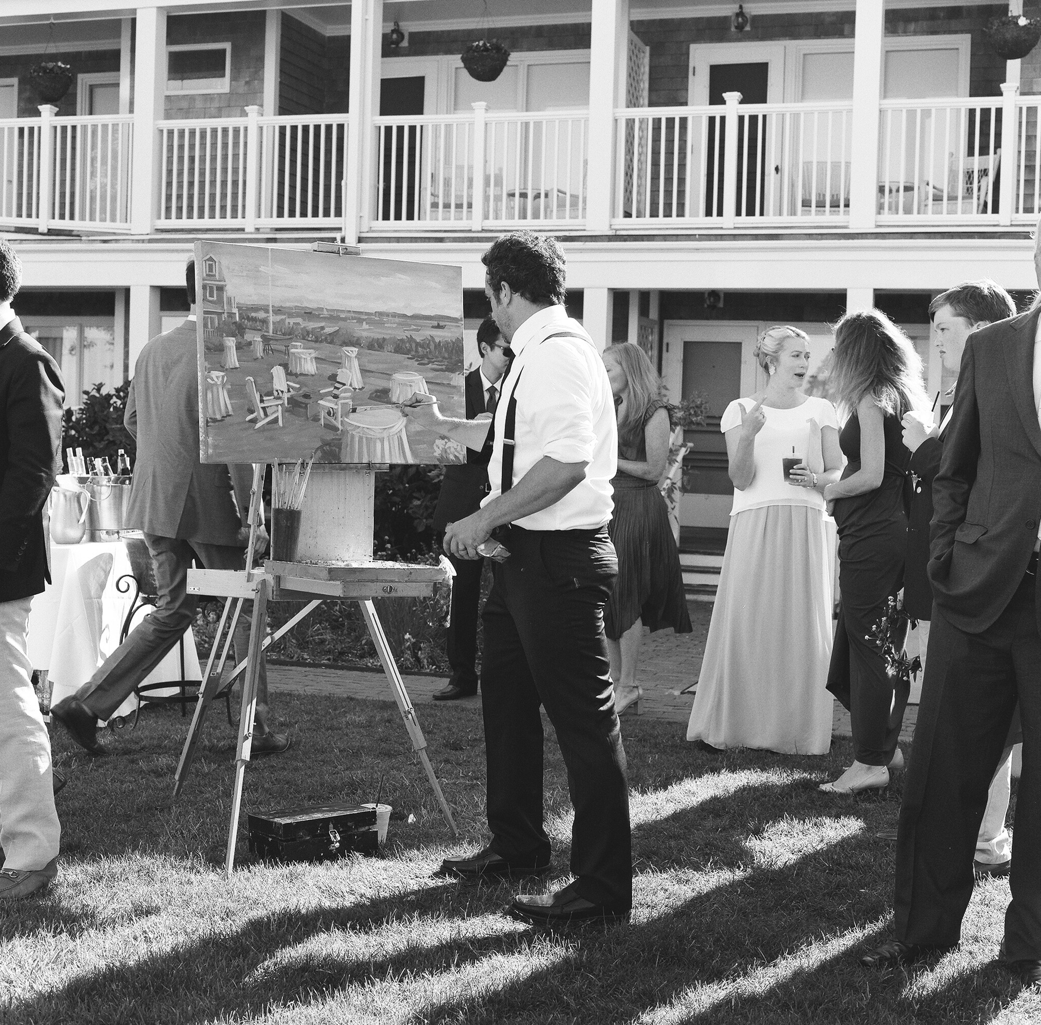 Live Wedding Painter, Ben Keys, capturing Katie + Bill's cocktail hour overlooking the harbor at The White Elephant on Nantucket Island, MA.