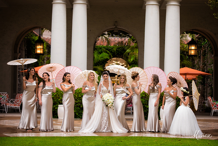 metallic-bridesmaid-dresses-with-parasols-the-breakers-palm-beach