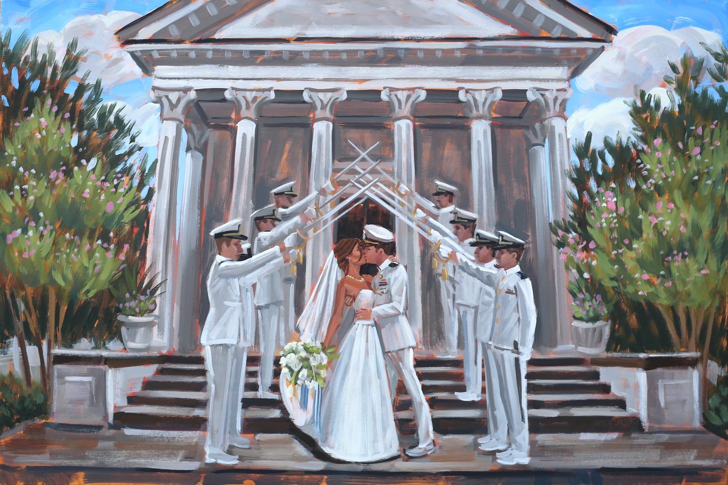 Live wedding painter, Ben Keys, captured Becca + Scott's iconic sword arch moment as they were exiting their ceremony held at Trinity United Methodist Church in downtown Charleston, SC.