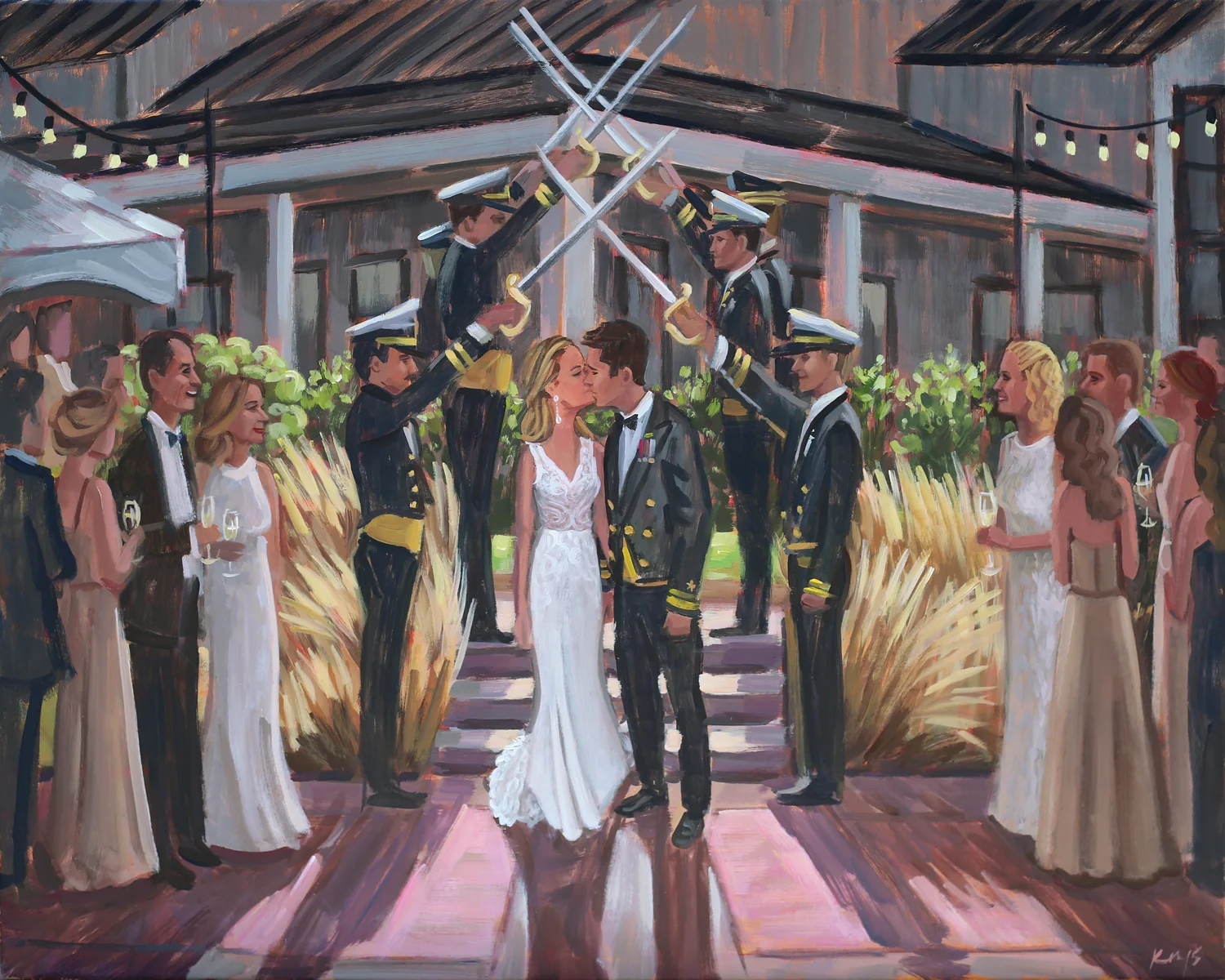 Live Wedding Painter, Ben Keys, captured Brittney + Brett's iconic walk under a sword arch just as they were exiting their ceremony held at Big Cork Vineyards in Rohrersville, MD