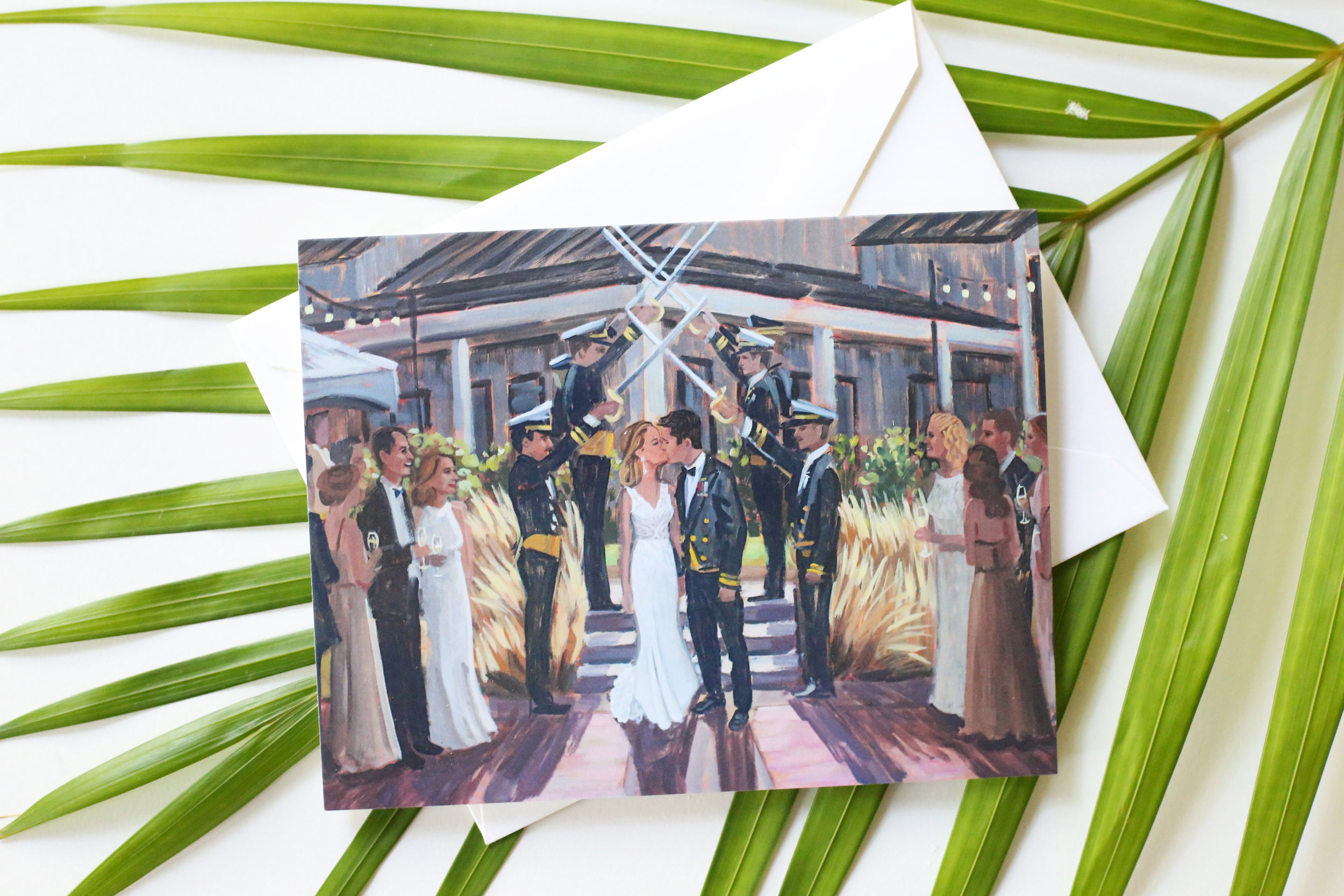 Brittney + Brett's custom set of stationery featuring their finished live wedding painting of their sword arch moment leaving their ceremony at Big Cork Vineyards.