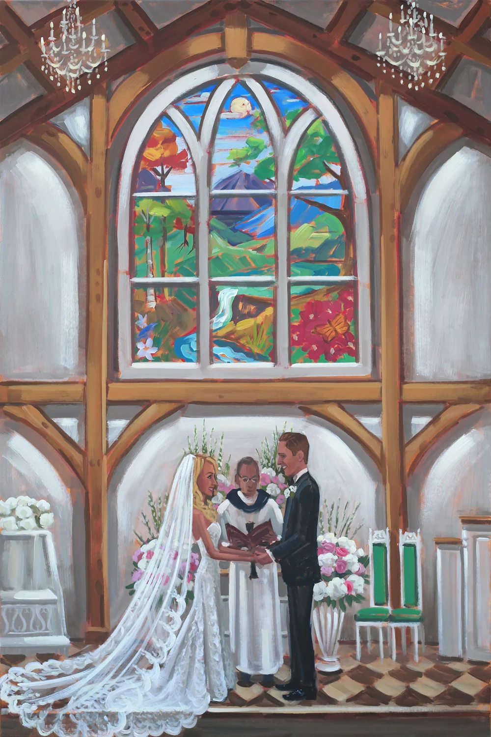 Alexandra + Jeff's vows captured on canvas by Live Wedding Painter, Ben Keys, of ceremony at The Greenbrier Resort