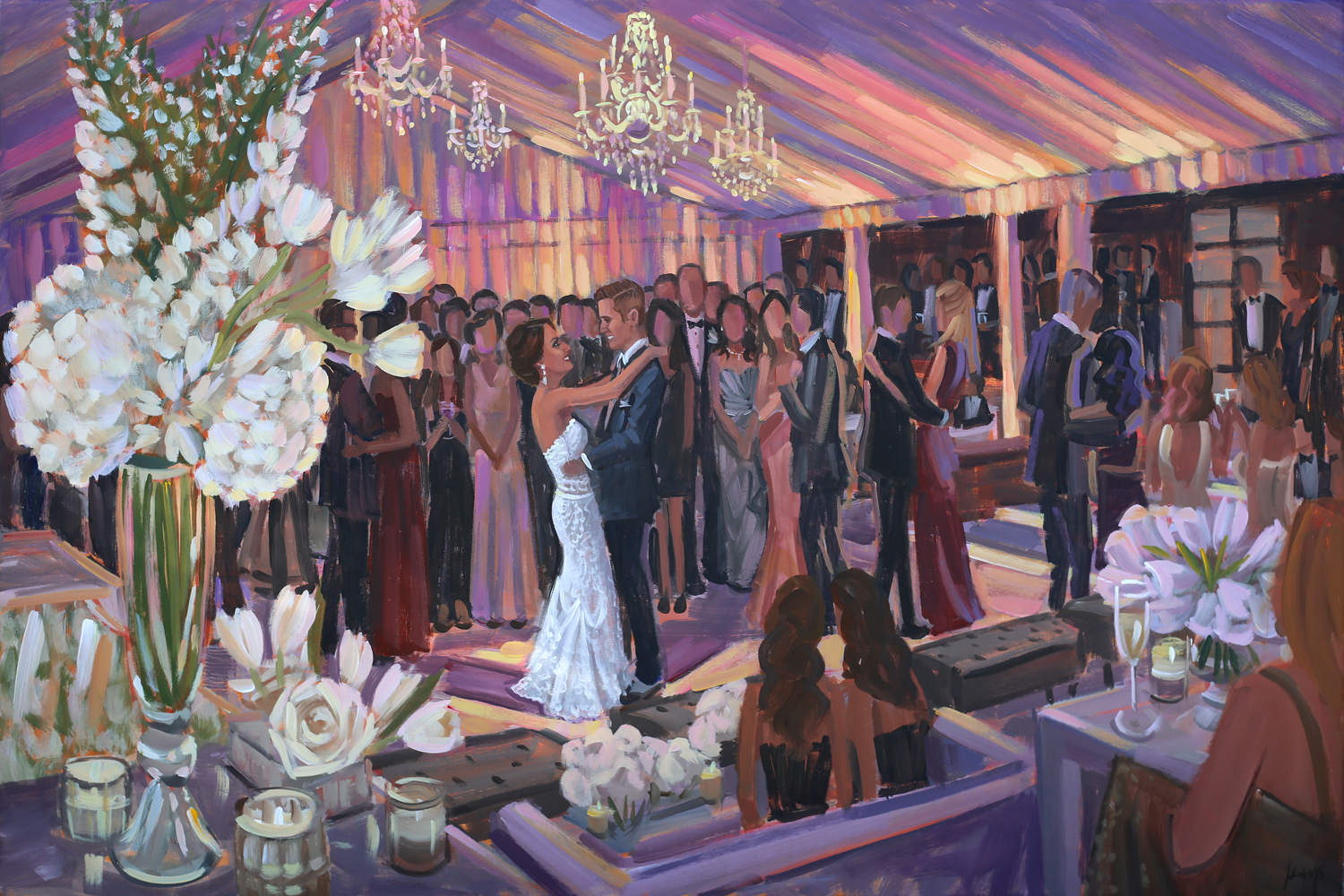 Live Wedding Painter, Ben Keys, captured A+R's romantic first dance during their reception held at Long Island's Westchester Country Club in New York.